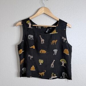 Vtg Rickis Funky Silk Safari Animal Print Sleeveless Top Size M Whimsy Zoo